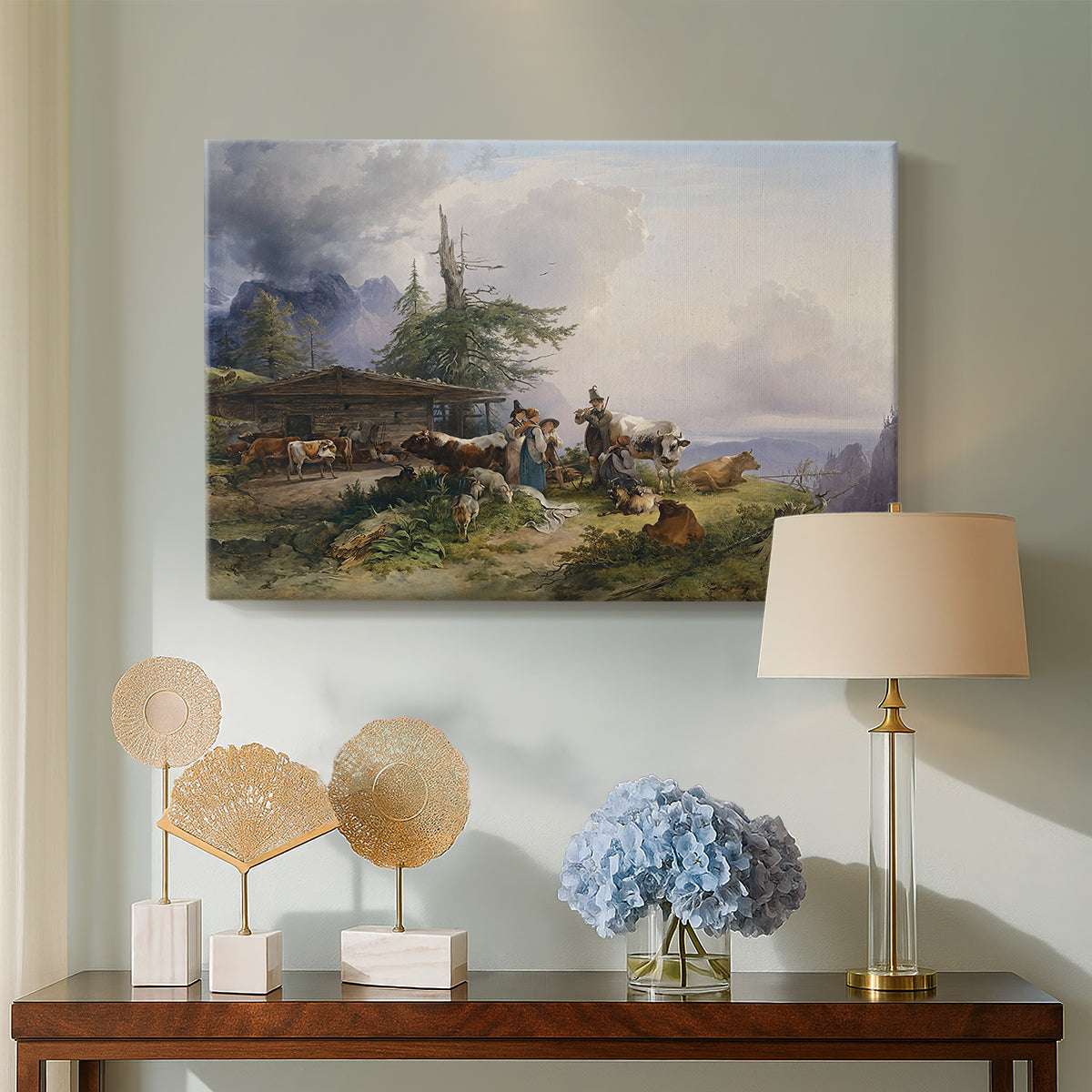 Canvas art print featuring a realistic countryside composition with farm and terrain, displayed above a styled console table