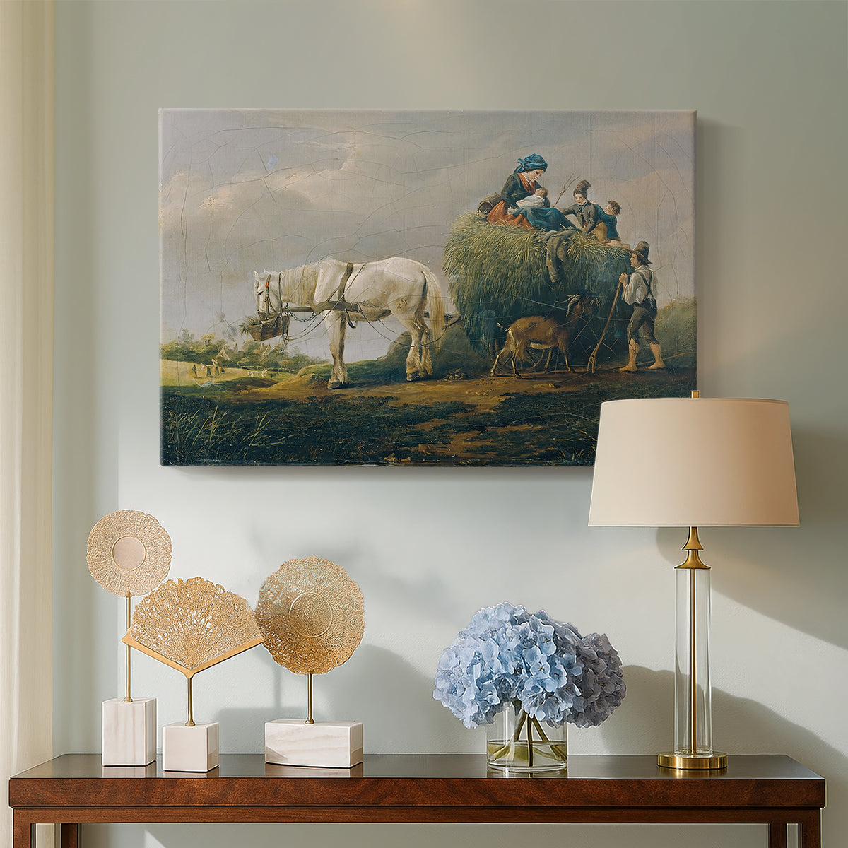 Canvas art print featuring a realist rural labor scene, displayed above a styled console table