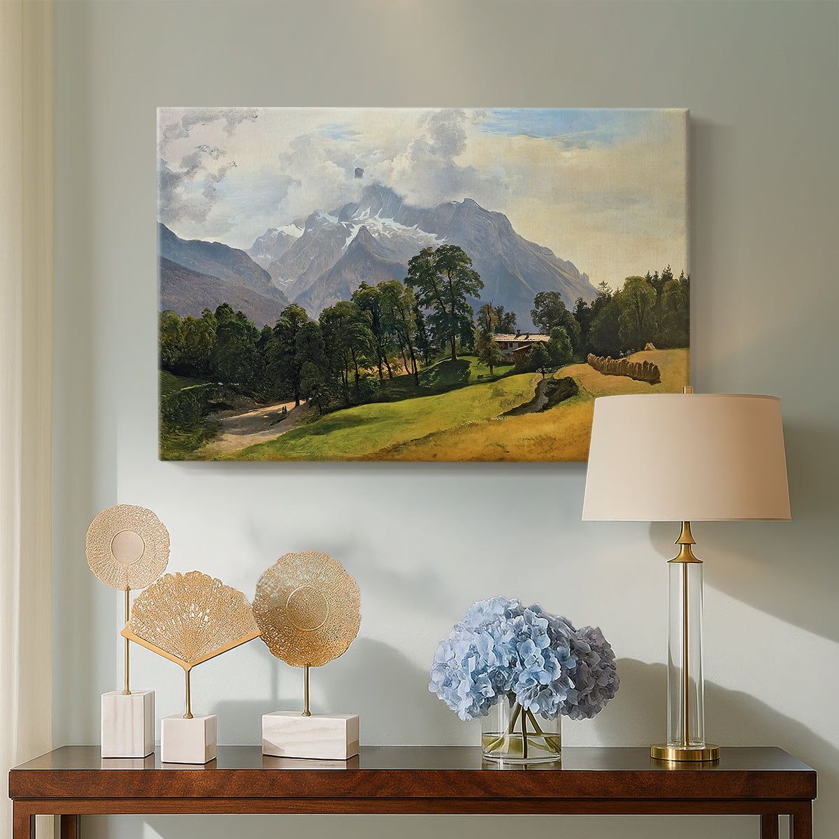 Canvas art print featuring a realistic landscape emphasizing elevation, displayed above a styled console table
