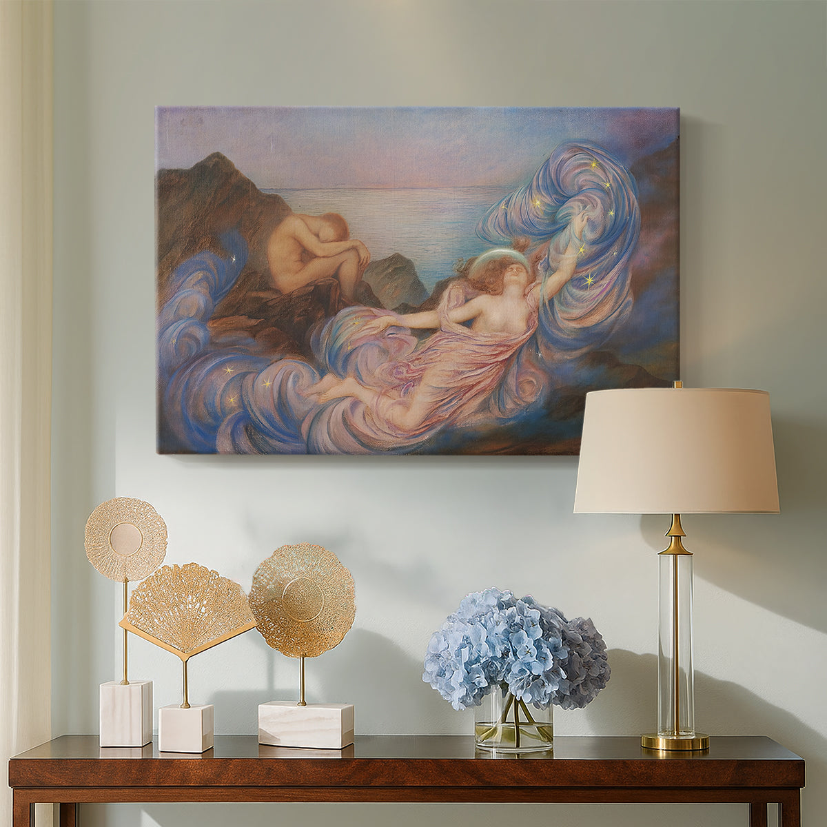 Canvas art print featuring a dreamlike composition with woman in fading light, displayed above a styled console table