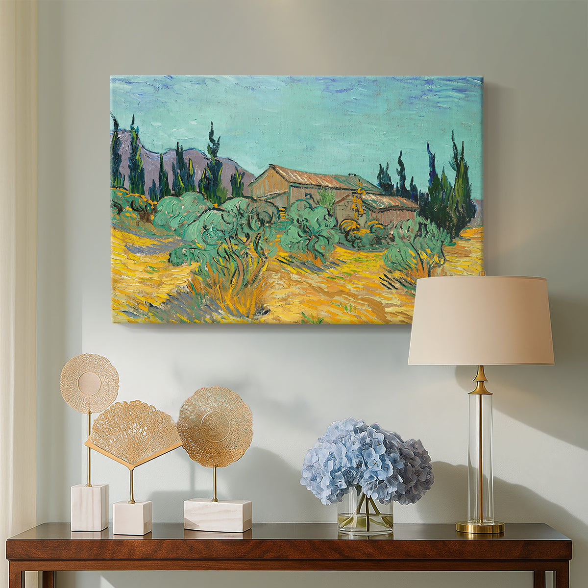 Canvas art print featuring a post-impressionist composition combining architecture and nature, displayed above a styled console table