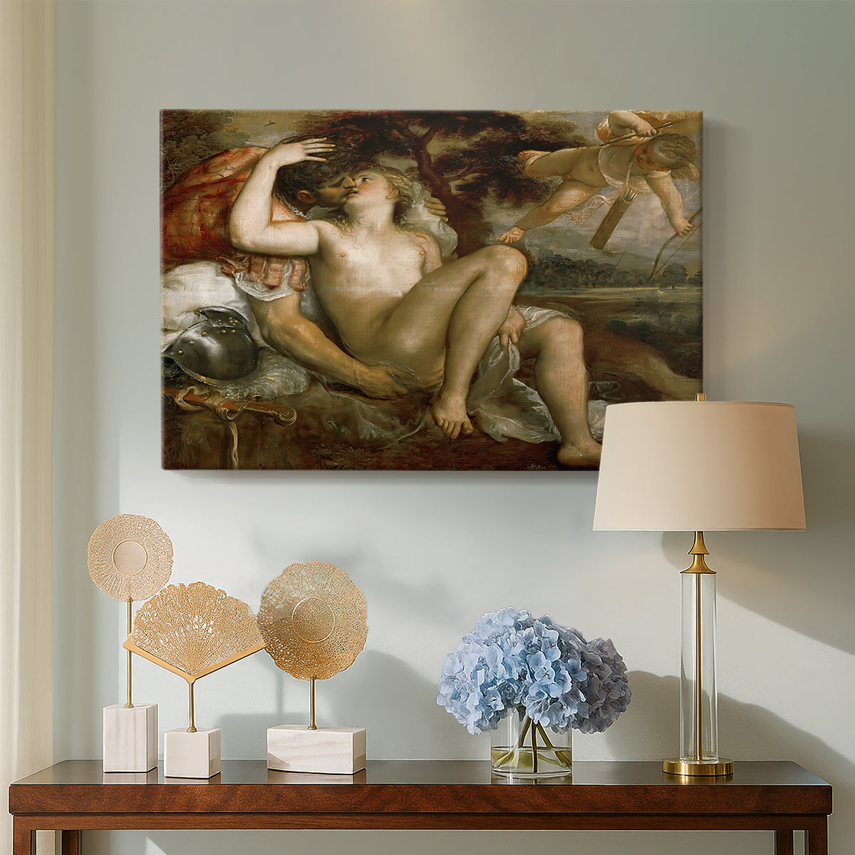 Canvas art print featuring a mythological composition with intertwined bodies and drapery, displayed above a styled console table
