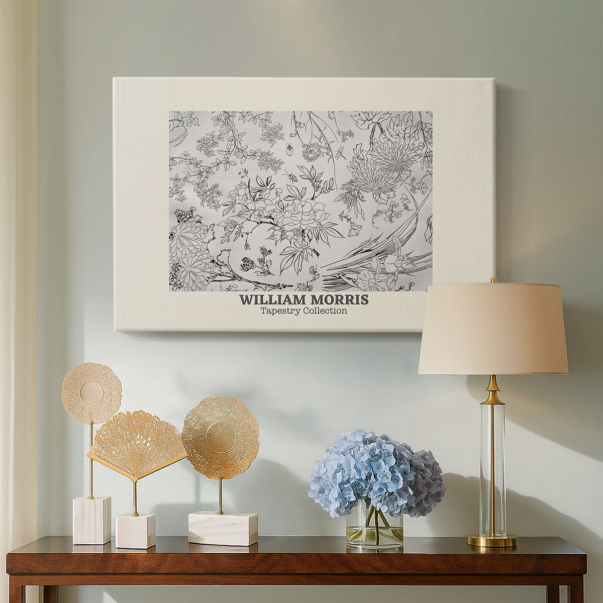 Canvas art print featuring a patterned surface featuring stylized flowers and leaves, displayed above a styled console table