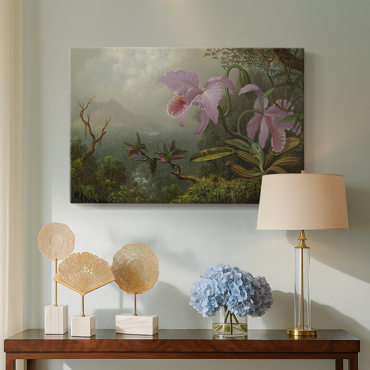 Canvas art print featuring a wildlife composition with detail, displayed above a styled console table