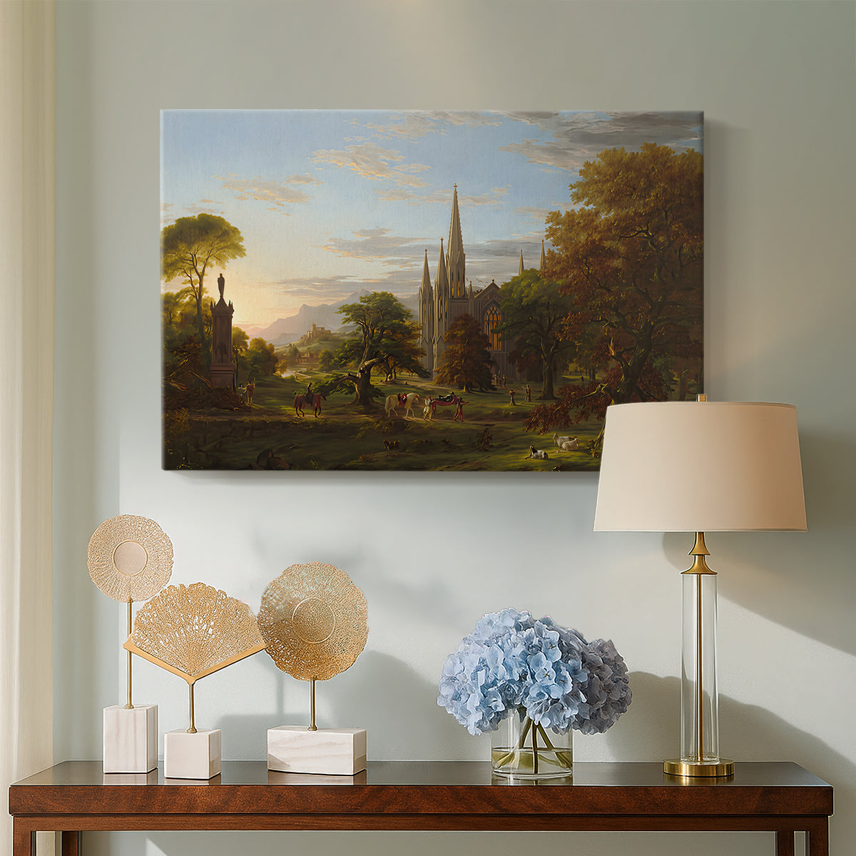 Canvas art print featuring a romantic composition showing movement toward distant buildings, displayed above a styled console table