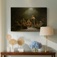 Canvas art print featuring a rural religious gathering with people listening attentively in modest interior, displayed above a styled console table