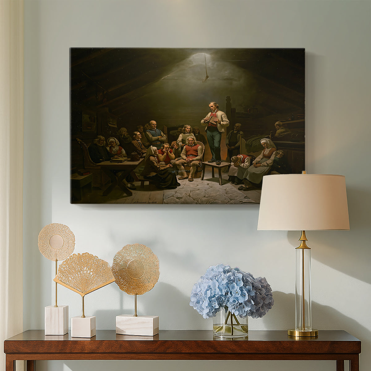 Canvas art print featuring a rural religious gathering with people listening attentively in modest interior, displayed above a styled console table