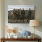 Canvas art print featuring a composition showing soldiers and captives in structured formation, displayed above a styled console table