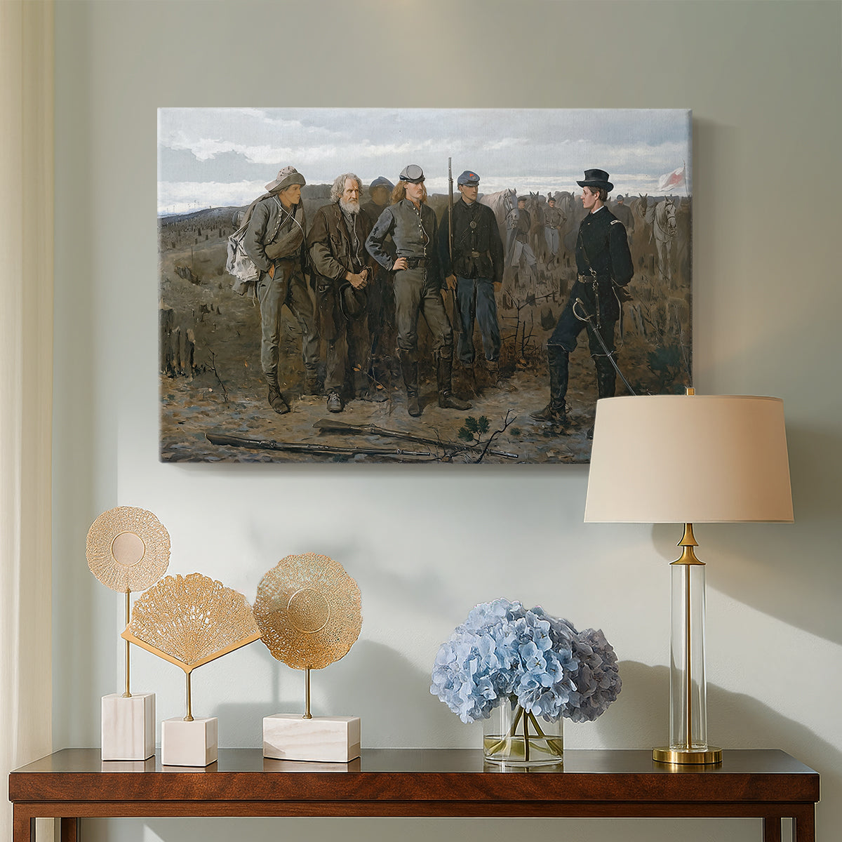 Canvas art print featuring a composition showing soldiers and captives in structured formation, displayed above a styled console table