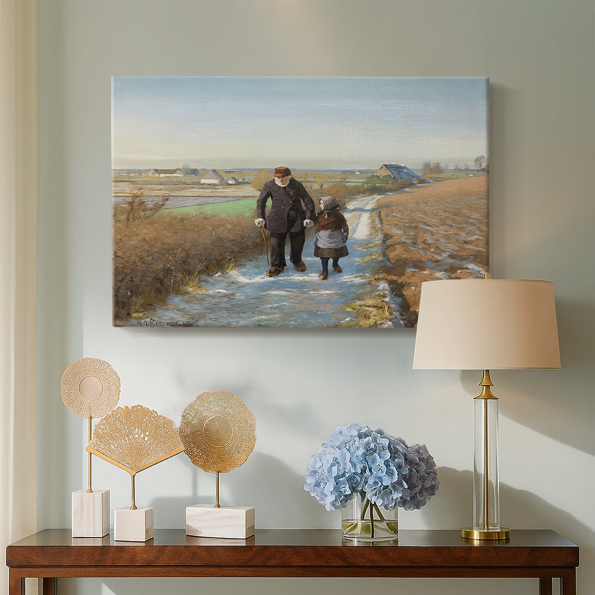 Canvas art print featuring an emotional depiction of two figures walking in open terrain, displayed above a styled console table