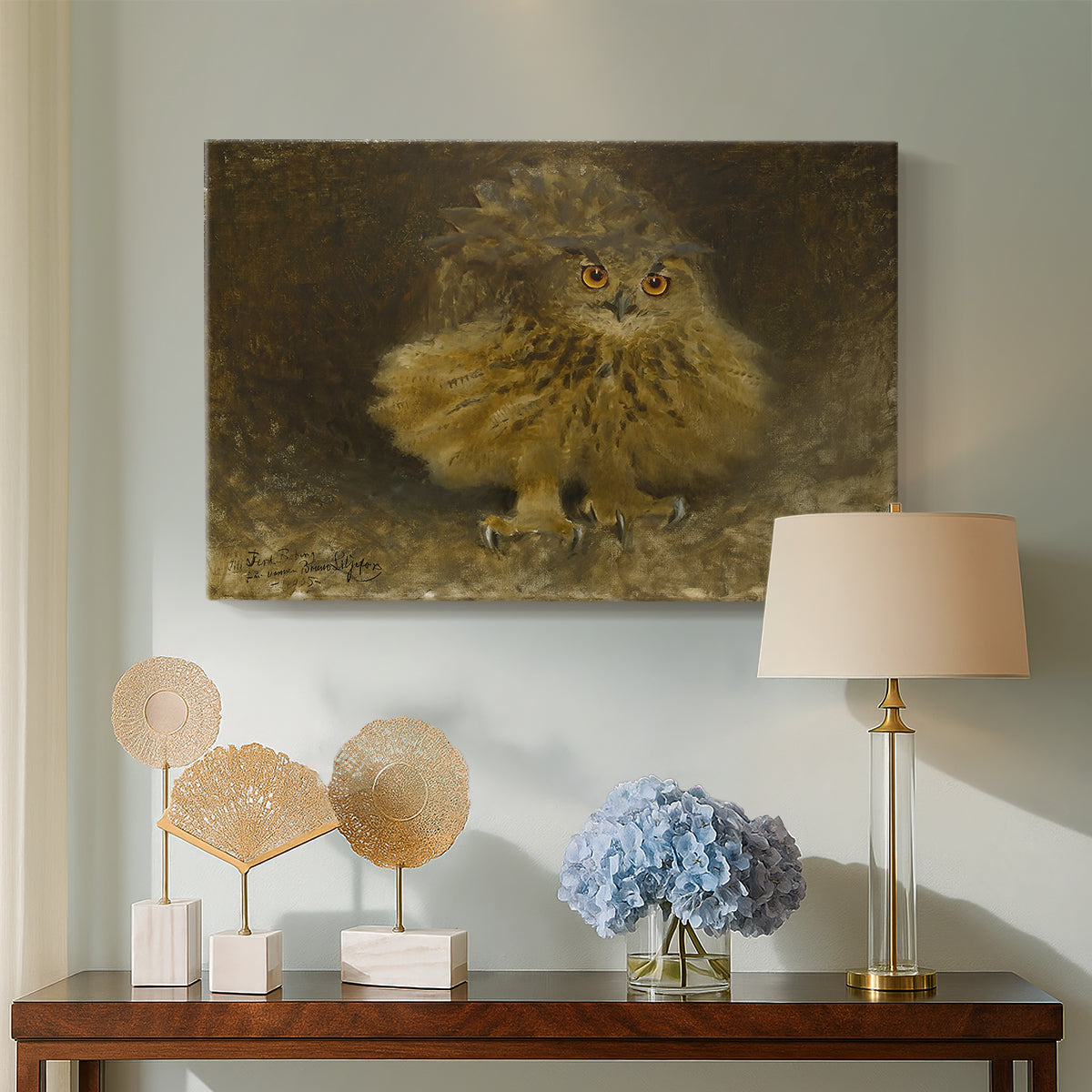 Canvas art print featuring a bird of prey resting on tree branch with textured feathers, displayed above a styled console table