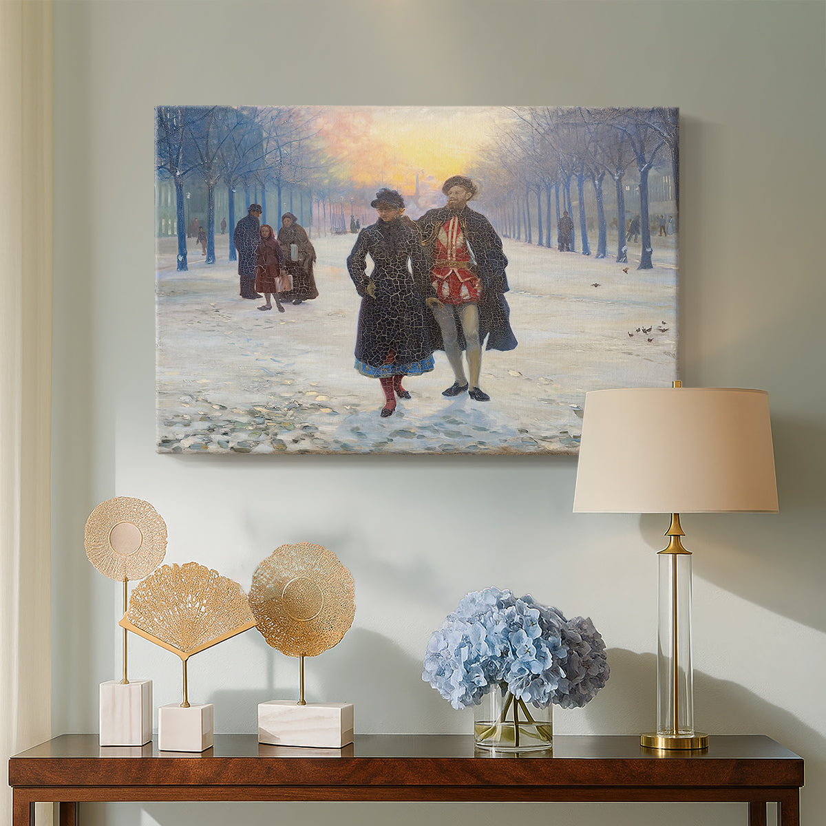 Canvas art print featuring a subdued scene of figures outdoors after festive event, displayed above a styled console table
