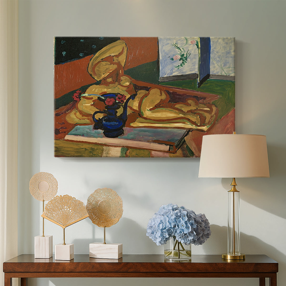Canvas art print featuring a Fauvist still life combining a bronze figure and patterned vase, displayed above a styled console table