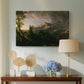 Canvas art print featuring a rugged landscape with minimal human presence and raw terrain, displayed above a styled console table