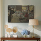 Canvas art print featuring an impressionist studio interior filled with ballet students, displayed above a styled console table