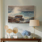 Canvas art print featuring a beach composition with tide movement and structures, displayed above a styled console table