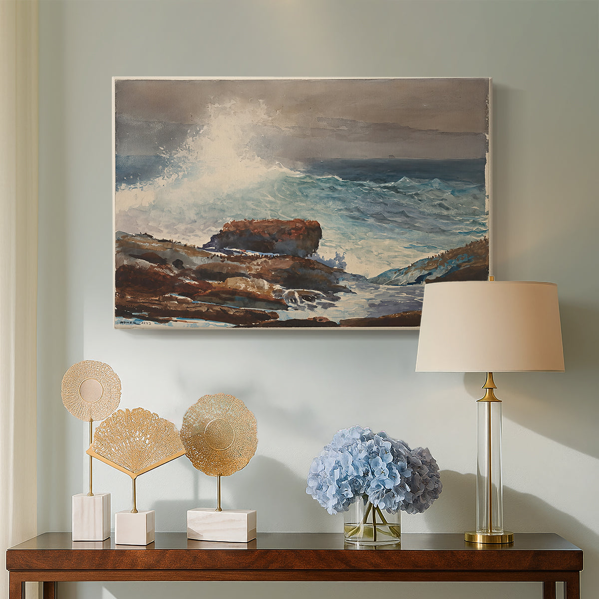 Canvas art print featuring a beach composition with tide movement and structures, displayed above a styled console table