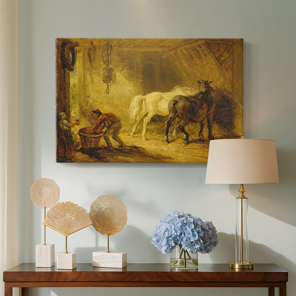 Canvas art print featuring a rural composition featuring ewe and offspring, displayed above a styled console table