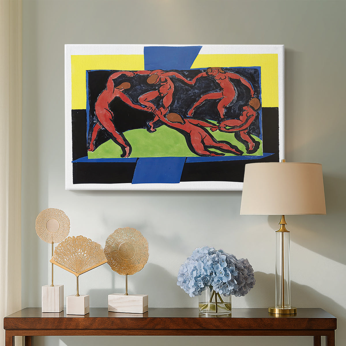 Canvas art print featuring an iconic composition with figures in motion and strong color contrast, displayed above a styled console table