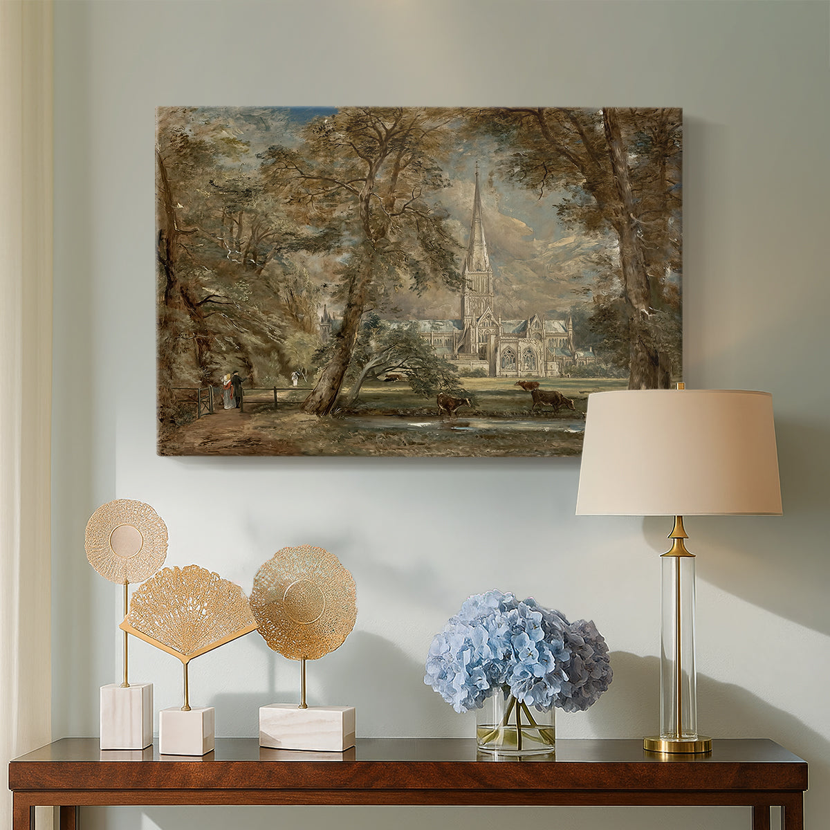 Canvas art print featuring an expressive scene combining building and nature, displayed above a styled console table