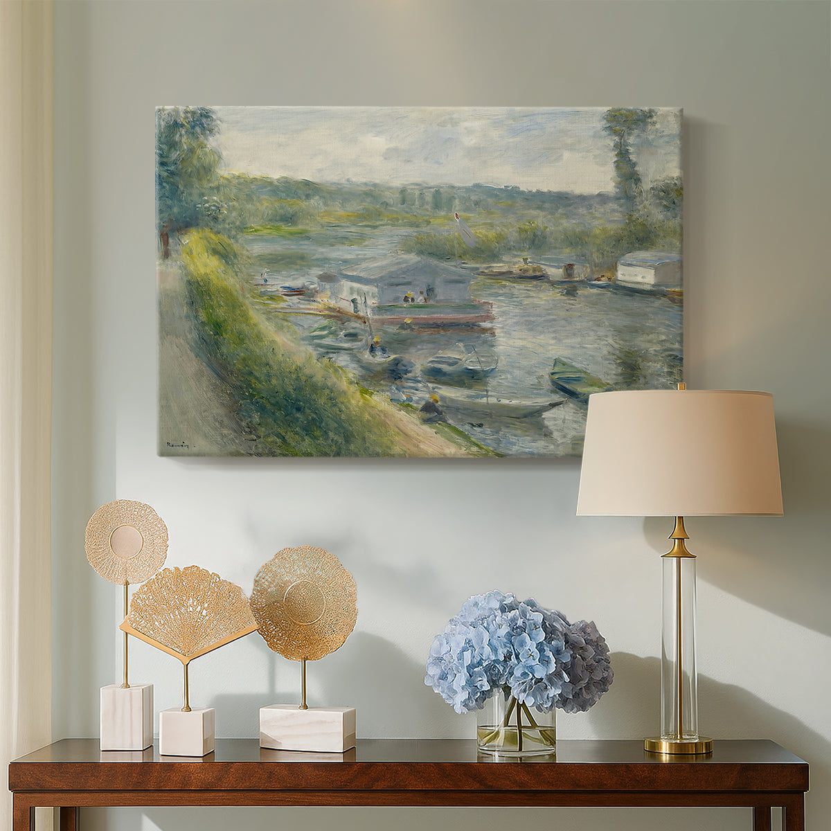 Canvas art print featuring an impressionist depiction of working boat along calm waterway, displayed above a styled console table