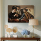 Canvas art print featuring a young men playing cards with one cheating and another watching closely, displayed above a styled console table