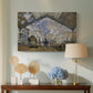 Canvas art print featuring an industrial interior with steam clouds and rail tracks, displayed above a styled console table