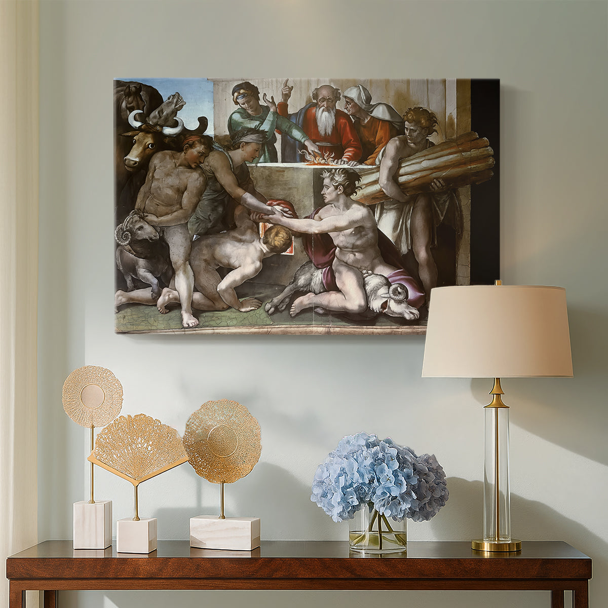 Canvas art print featuring a narrative composition with figures, displayed above a styled console table