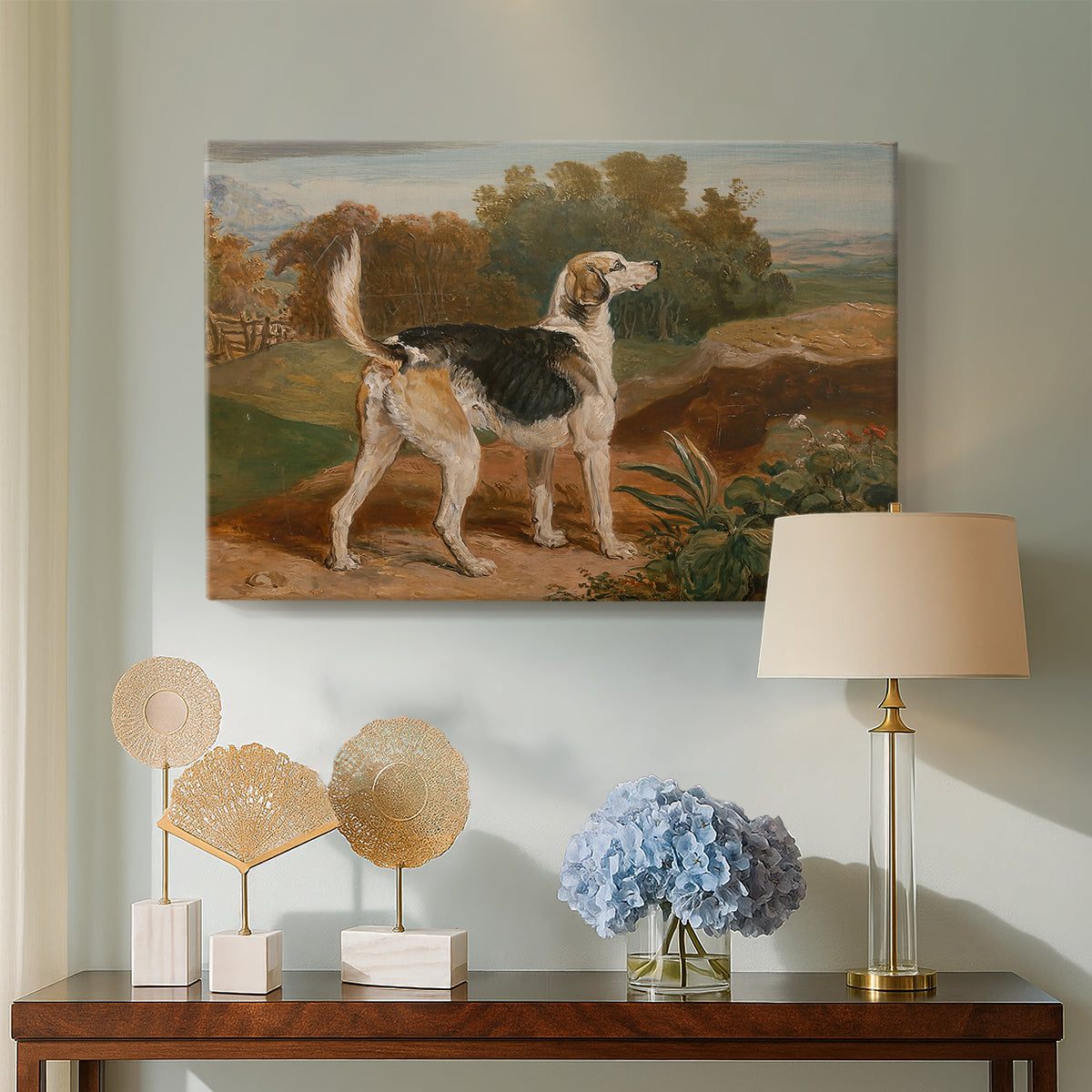 Canvas art print featuring a realistic depiction of dog bred for hunting, displayed above a styled console table