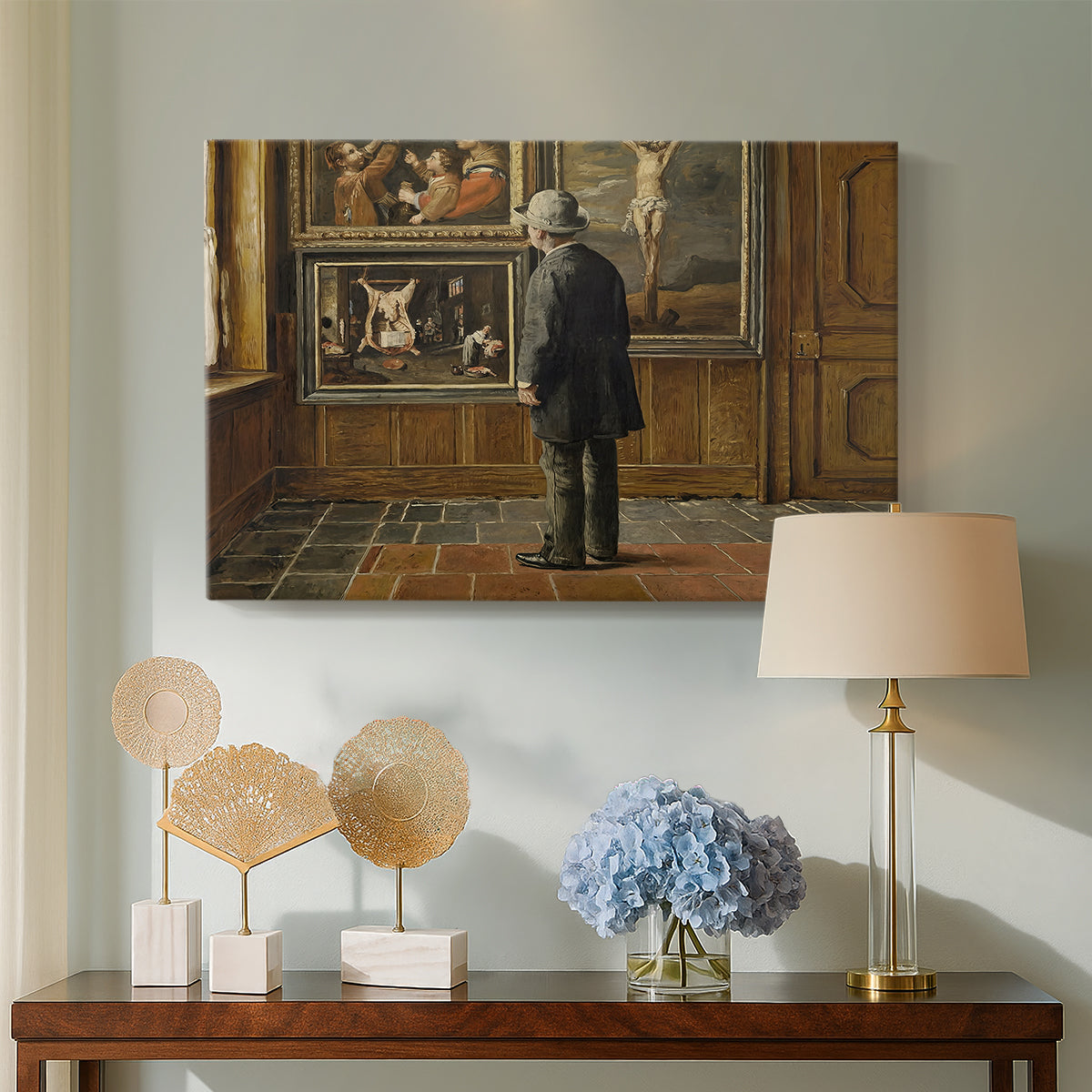Canvas art print featuring a solitary figure viewing artwork in detailed interior, displayed above a styled console table