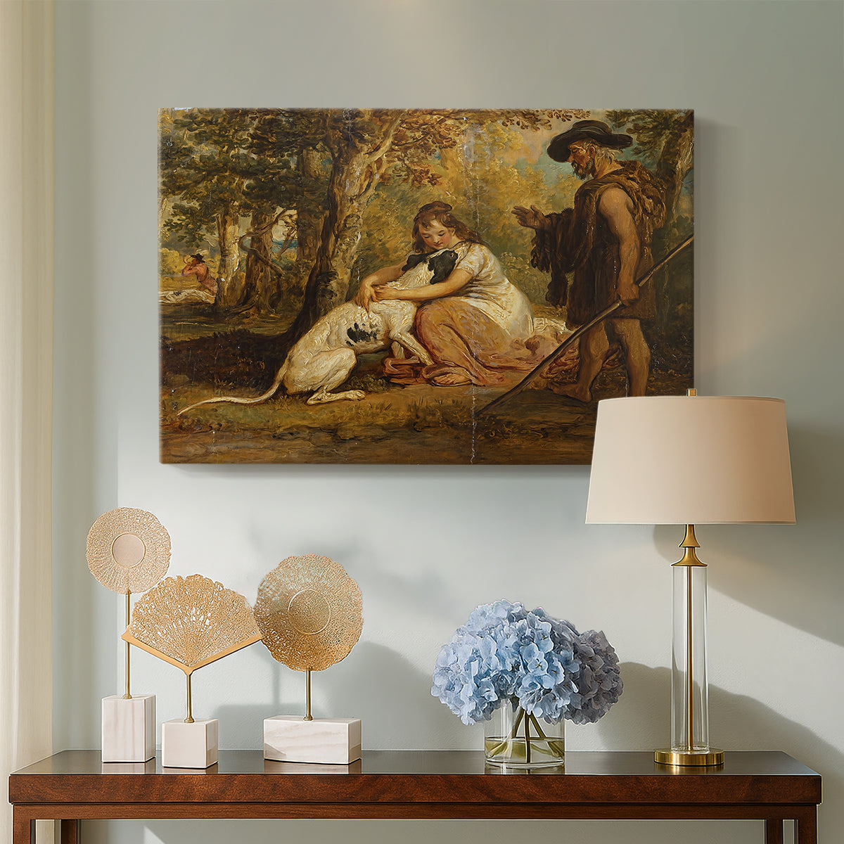 Canvas art print featuring an expressive depiction of dogs interacting in tense moment, displayed above a styled console table