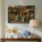 Canvas art print featuring a lively village gathering with multiple figures interacting, displayed above a styled console table