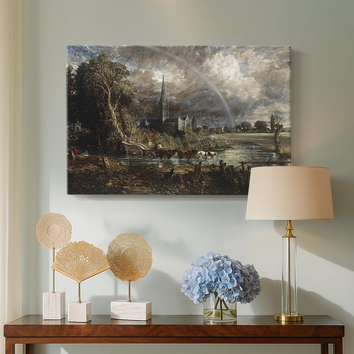 Canvas art print featuring an expressive composition focusing on structure, displayed above a styled console table