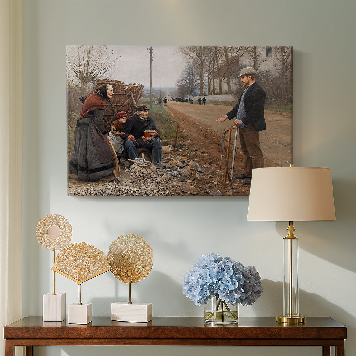 Canvas art print featuring an everyday moment with people interacting near roadside, displayed above a styled console table