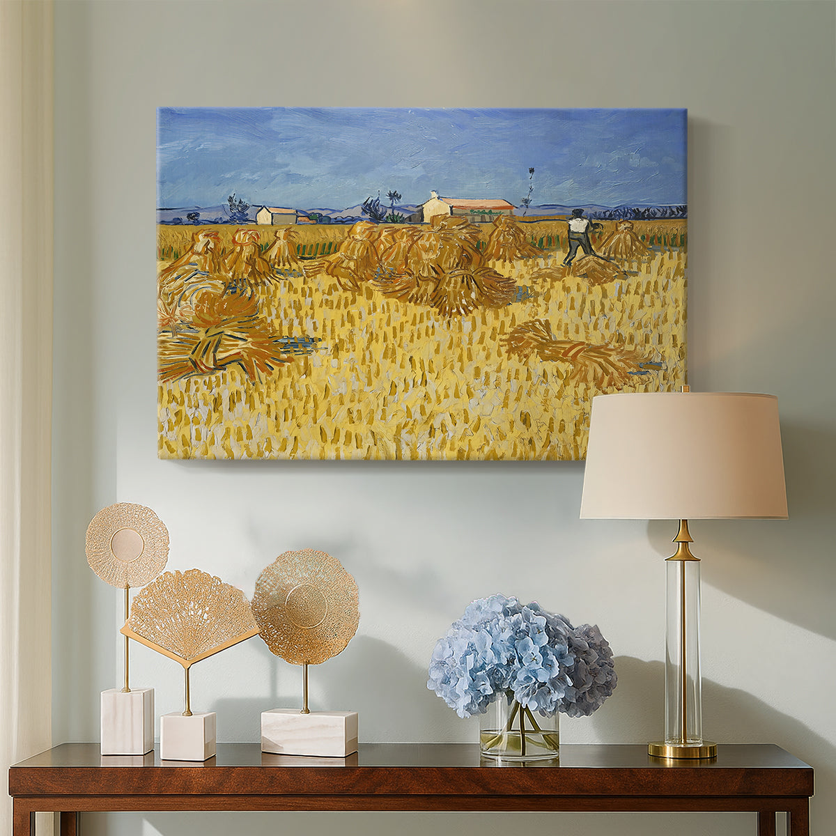 Canvas art print featuring a field composition showing harvest stage with grouped crops, displayed above a styled console table