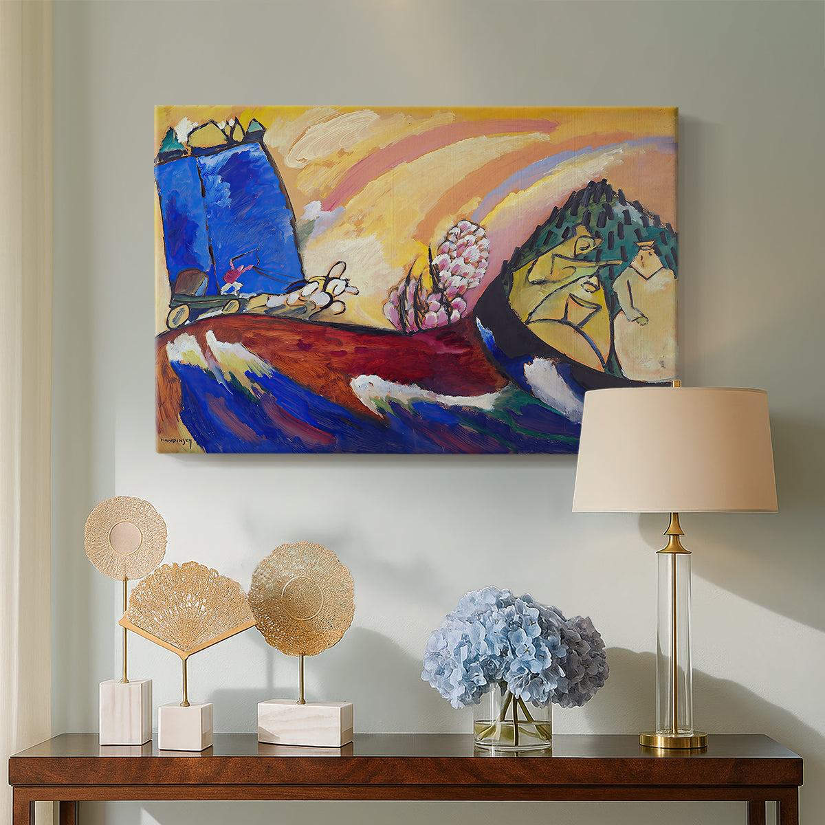 Canvas art print featuring a dynamic scene blending figurative elements with abstraction, displayed above a styled console table