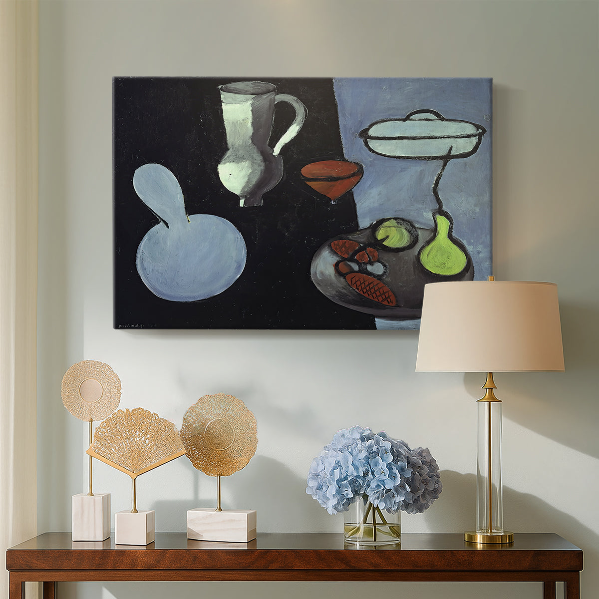 Canvas art print featuring a sparse tabletop composition with curved vegetable forms, displayed above a styled console table