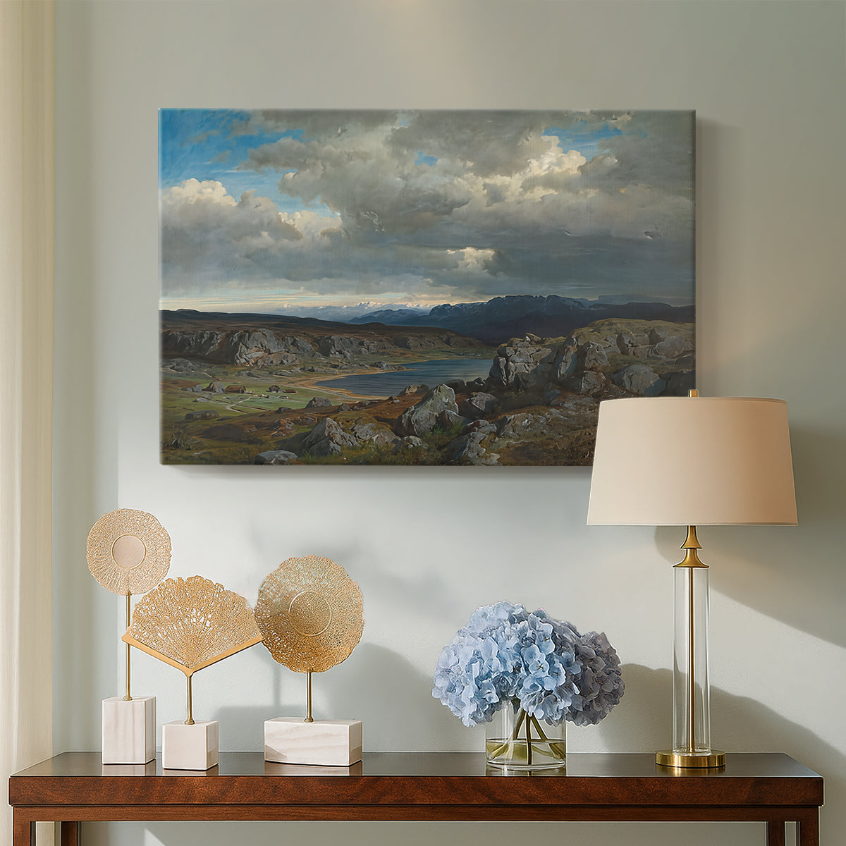 Canvas art print featuring a Nordic highland environment with minimal vegetation, displayed above a styled console table