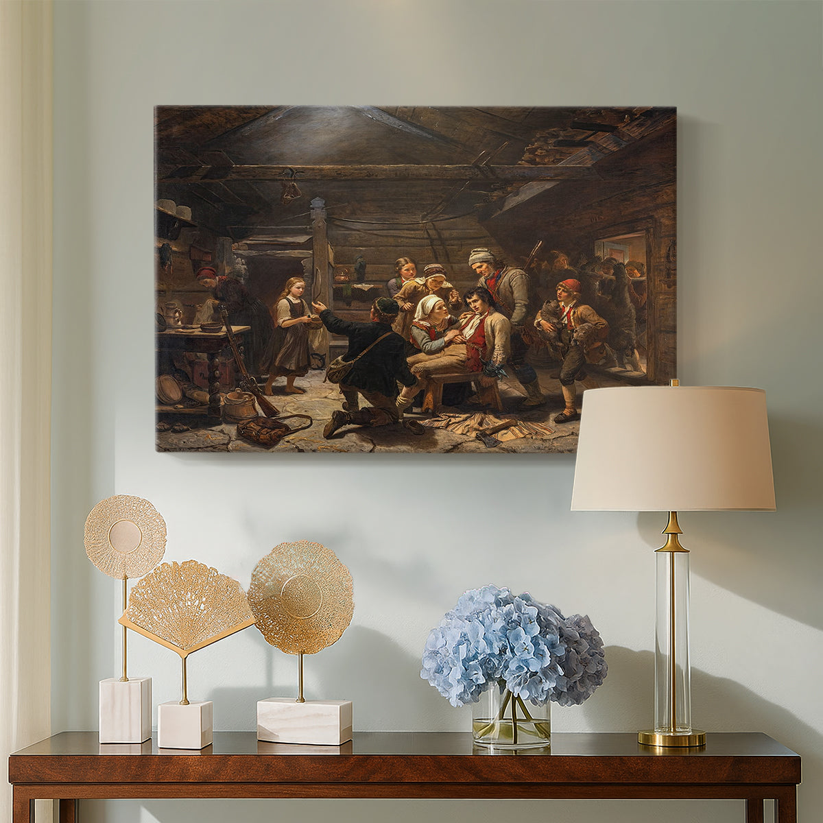 Canvas art print featuring a narrative scene of a bear hunter welcomed by community in rural setting, displayed above a styled console table