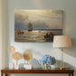 Canvas art print featuring a coastal landscape with boats resting on quiet water, displayed above a styled console table