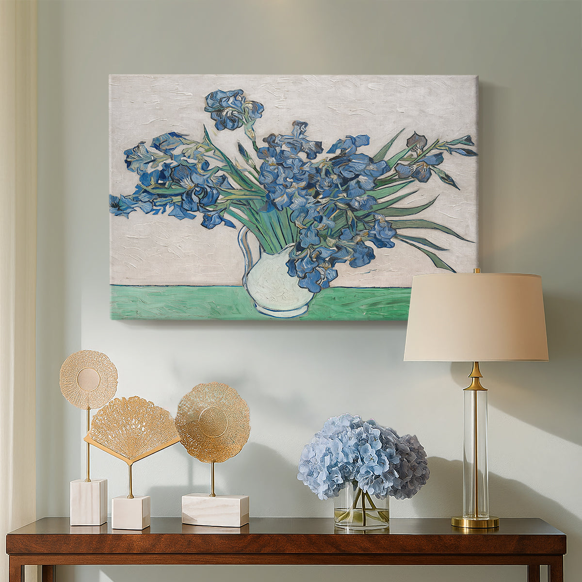 Canvas art print featuring a post-impressionist depiction of flowers in still life setting, displayed above a styled console table