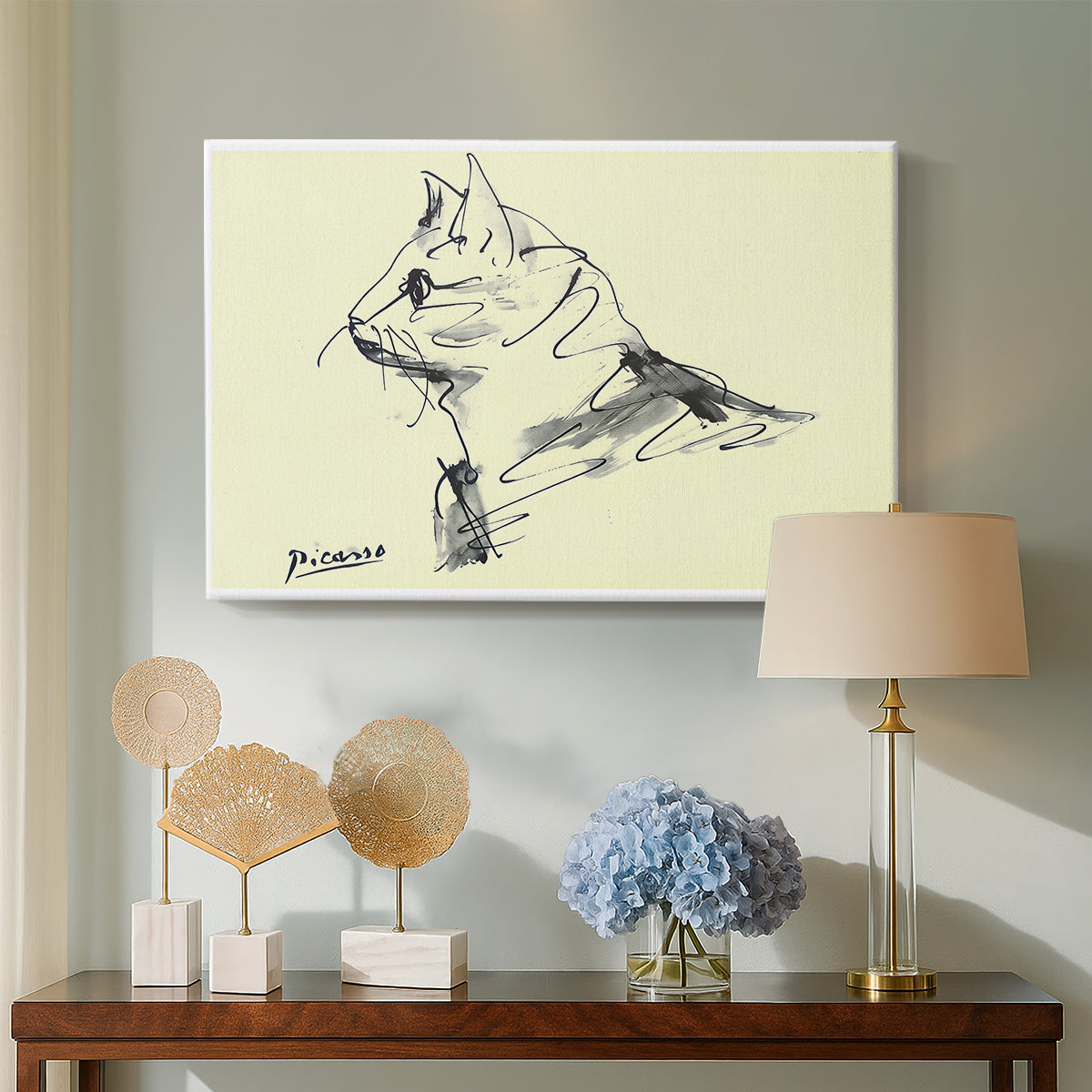 Canvas art print featuring a minimal animal study, displayed above a styled console table