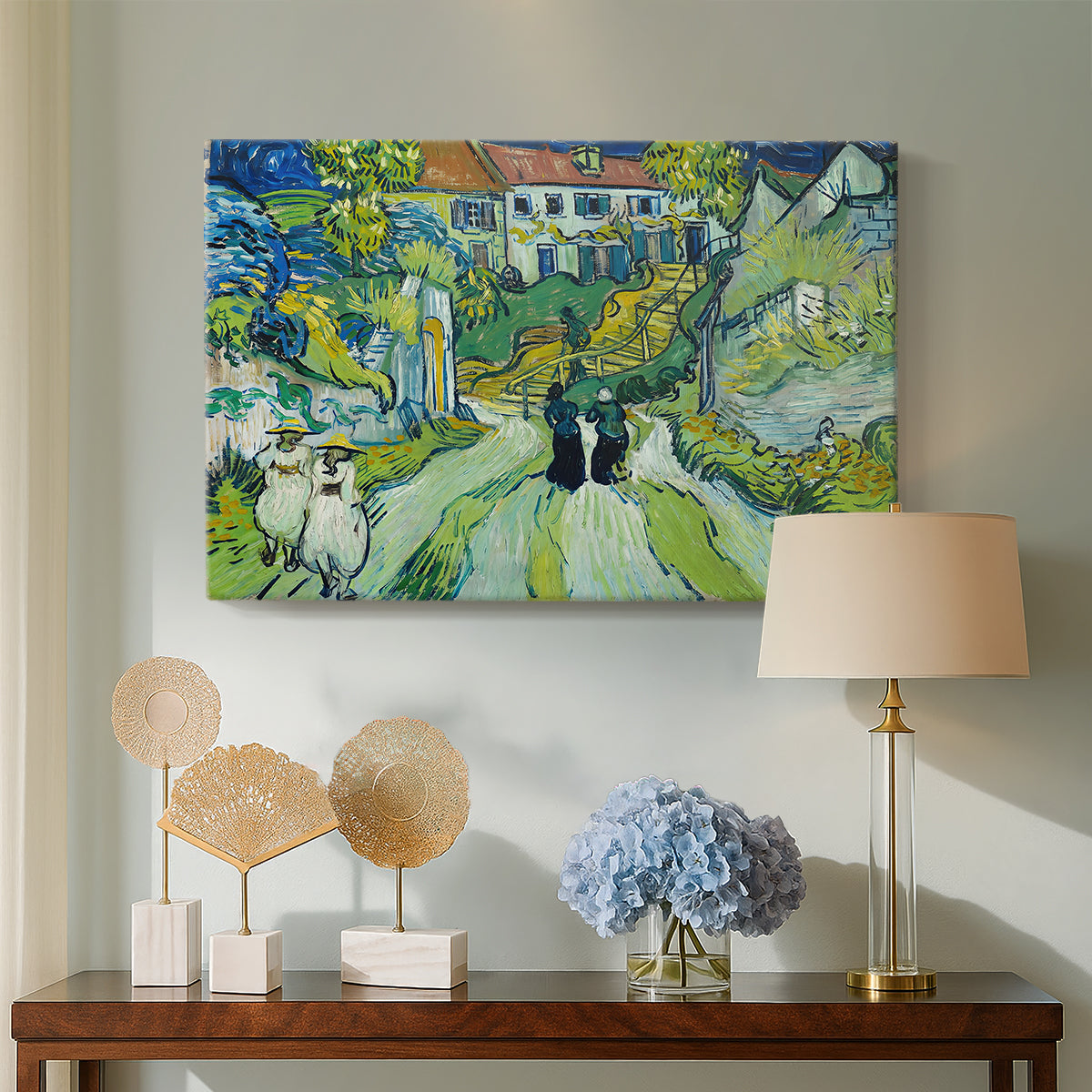 Canvas art print featuring a post-impressionist urban composition with perspective, displayed above a styled console table