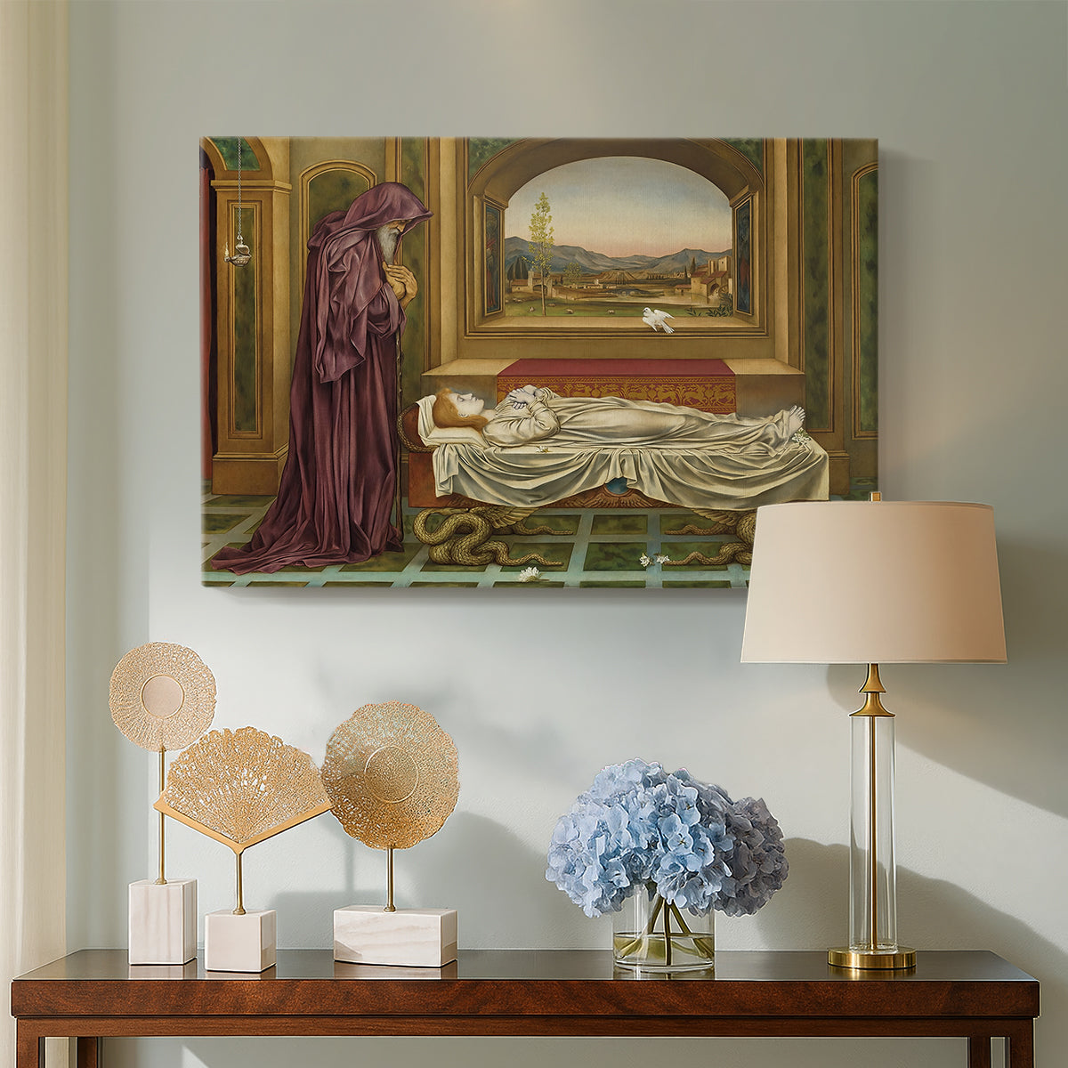 Canvas art print featuring an introspective scene with lone figure framed by interior elements, displayed above a styled console table