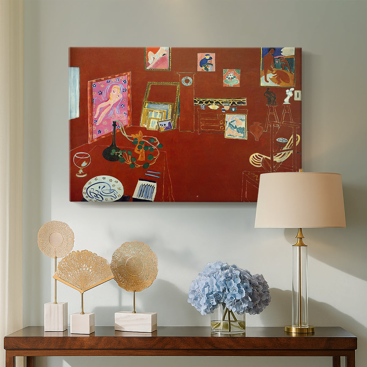 Canvas art print featuring a modernist interior filled with objects, displayed above a styled console table