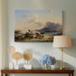Canvas art print featuring an alpine landscape with figures and animals, displayed above a styled console table