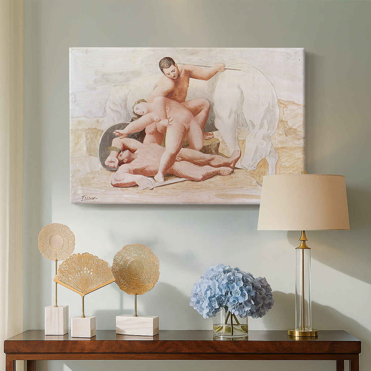 Canvas art print featuring an expressive composition of bodies, displayed above a styled console table