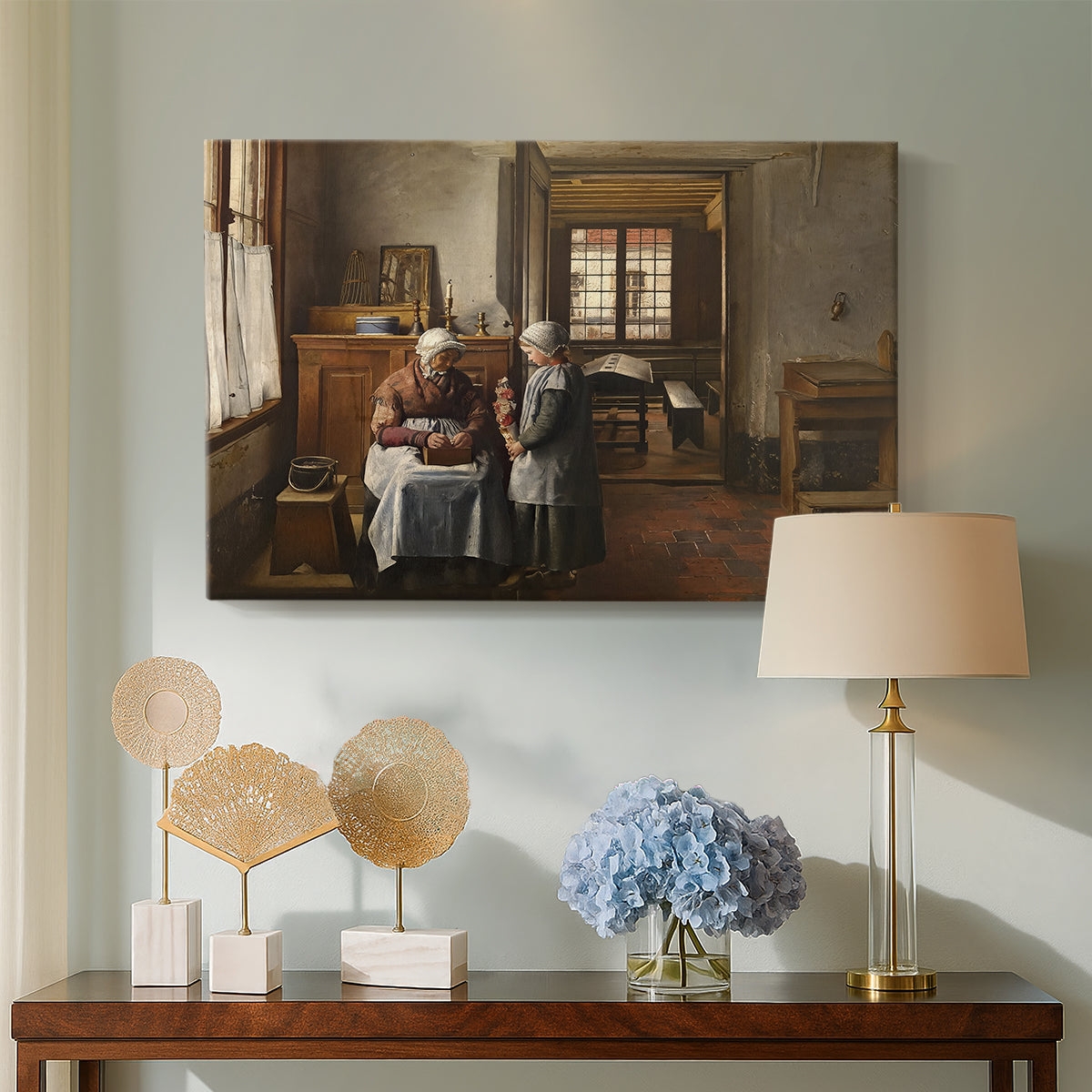 Canvas art print featuring an indoor composition showing family meal and interaction, displayed above a styled console table
