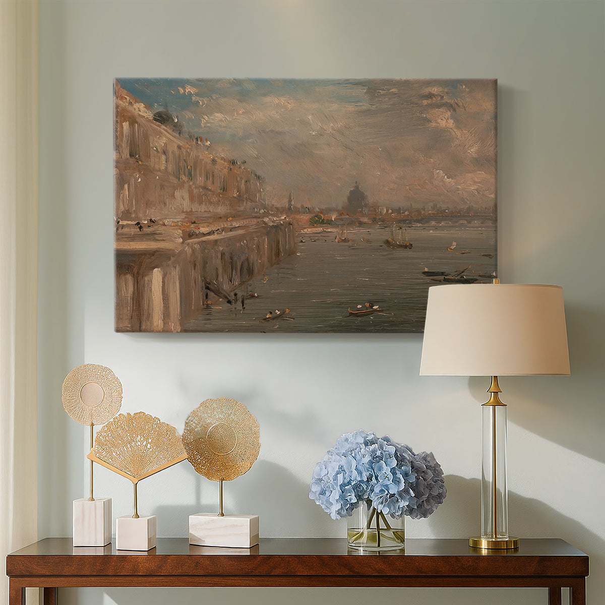 Canvas art print featuring an atmospheric city view, displayed above a styled console table
