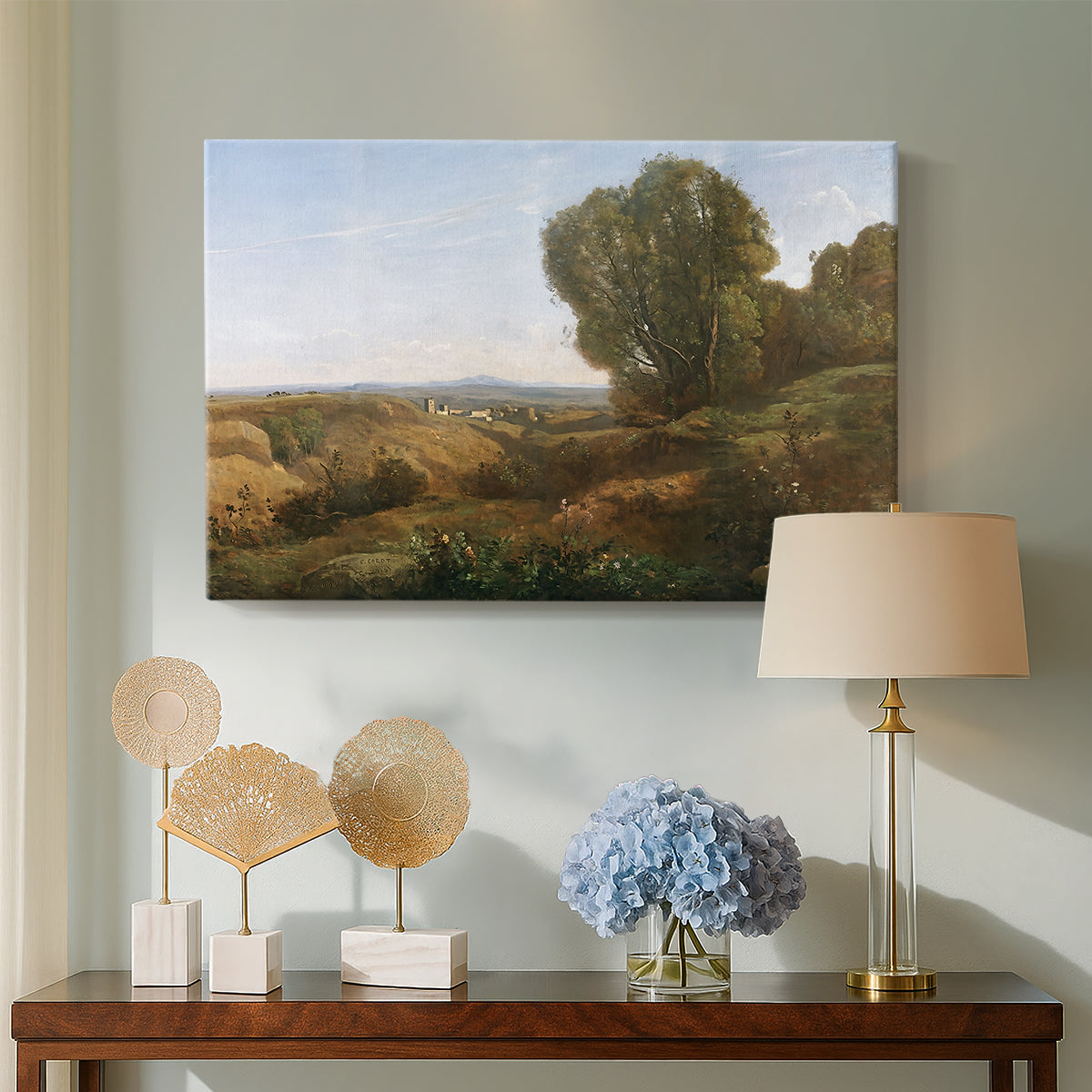 Canvas art print featuring a tranquil natural setting with subtle depth and light, displayed above a styled console table